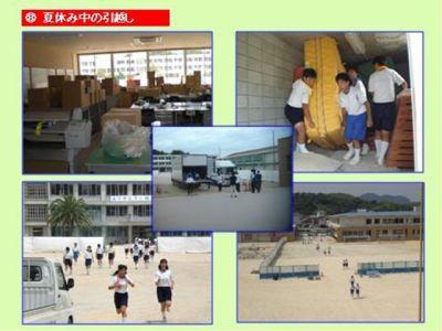 夏休み中の引っ越しの様子（左上）教室に山積みの荷物の写真（右上）生徒がマットを運ぶ写真（左下）校門から走りながらでてくる生徒の写真’（右下）上空がかとった学校全体の写真（真ん中）校庭から荷物を運ぶ写真